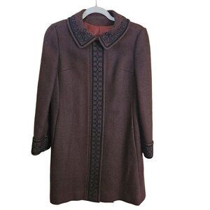 Vintage Carlton Deb Brown Wool Coat Black Brocade Trim Size S